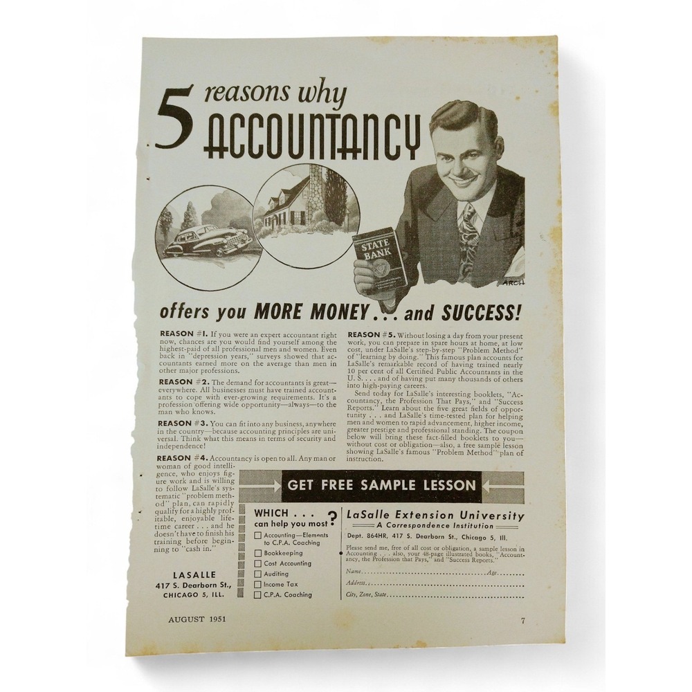 1951 LaSalle Accountancy Course Print Ad Financial Success Career MCM Ephemera